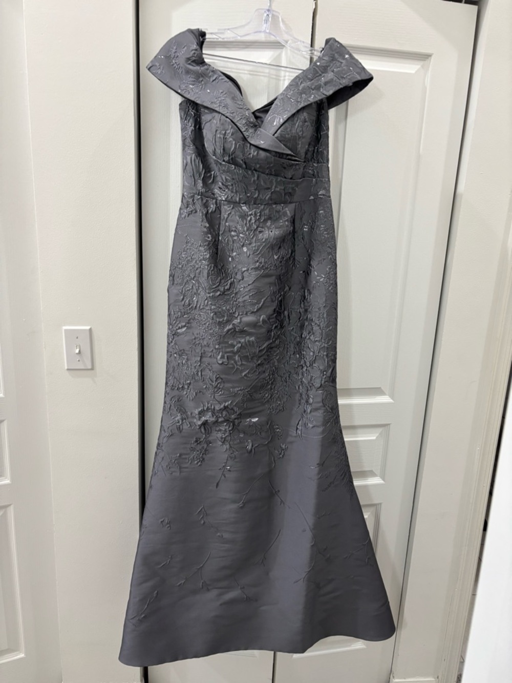 Feriani Couture Off-Shoulder Embroidered Fit and Flare Gown in Slate Gray - Picture 3 of 7